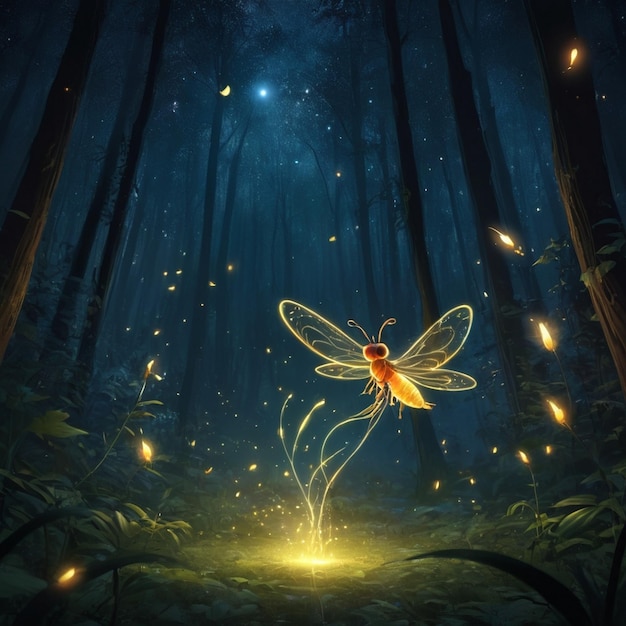 Photo abstract and magical image of glitter firefly flying in the night forest fairy tale concept