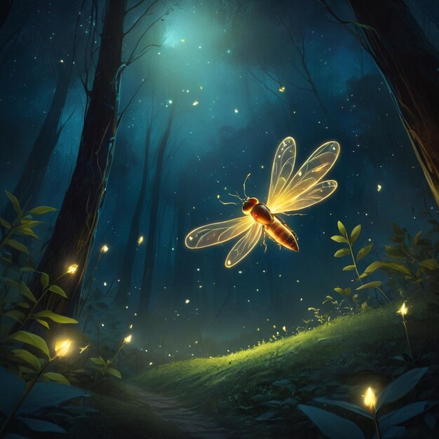 Photo abstract and magical image of glitter firefly flying in the night forest fairy tale concept