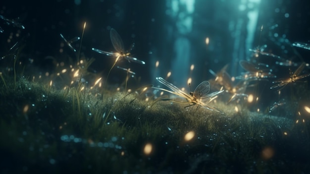 Abstract and magical image of glitter Firefly flying in the night forest Fairy tale concept