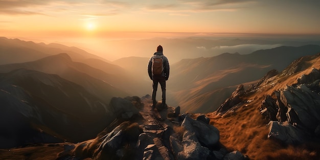 Abstract Male Hiker stands at the summit of a difficult mountain climb to be greeted with a beautiful view of the sunrise Generative ai Advertising photography style