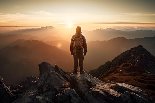 Abstract Male Hiker stands at the summit of a difficult mountain climb to be greeted with a beautiful view of the sunrise Generative ai Advertising photography style