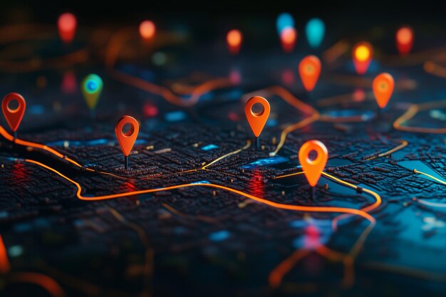 Photo abstract map with location pins on dark background for urban travel and real estate search engine