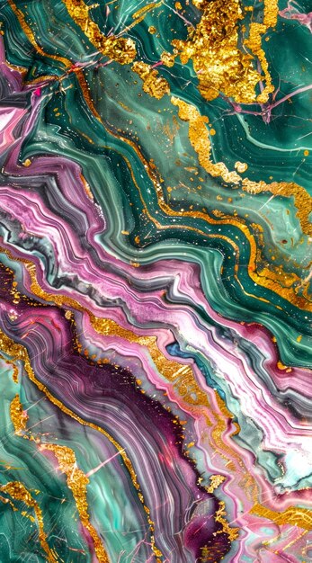 Photo abstract marble artwork in vibrant colors with gold accents this colorful image features purple green and gold layers perfect for art backgrounds and digital prints artistic design ai