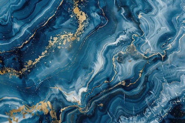 Abstract Marble Artwork with Blue and Gold Swirls