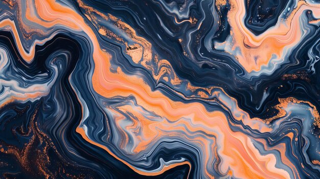 Abstract marble background with orange and navy blue pattern Liquid marble texture