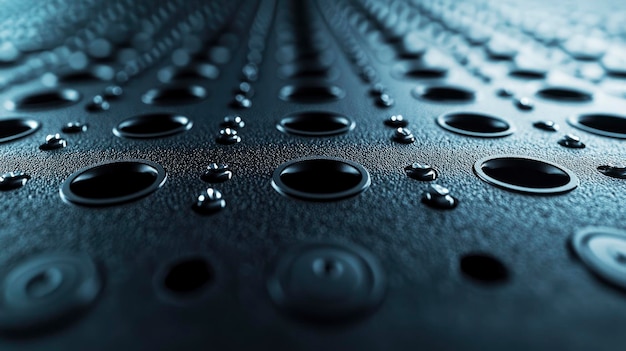 Photo abstract metal surface with circular holes and water droplets