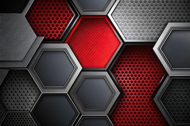 Abstract metallic carbon neutral background with tilted angles and red light hexagon