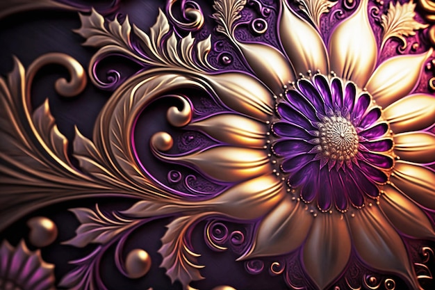 Abstract metallic flower pattern close up in purple and gold colors