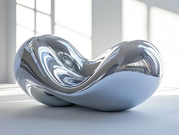 Abstract metallic sculpture on white background reflective and fluid