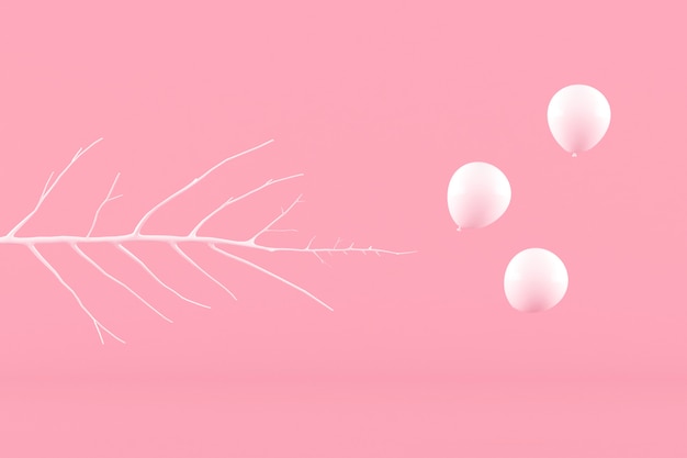 Abstract of minimal composition concept, branch and white balloons on pink background. 3D rendering.