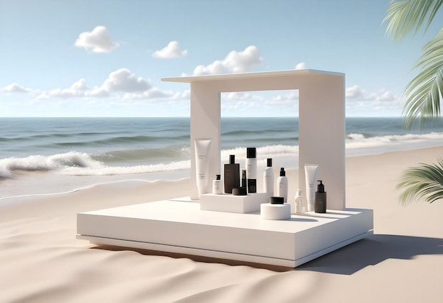 Abstract minimal display podium for showing products or cosmetic presentation with summer beach scen