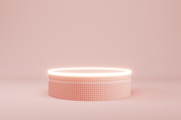 Abstract minimal pastel background Cream pink color cylindrical pedestal with neon light for product display