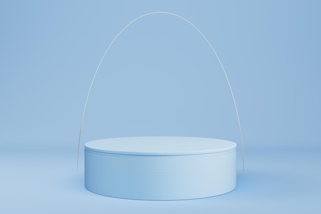 Abstract minimal pastel background Light blue cylindrical pedestal or podium with thin silver arc for product display