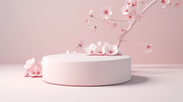 Abstract minimal scene with geometric cylinder podium in pink background with pink sakura flower