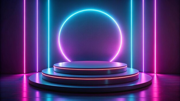 Photo abstract minimal scene with round podium and neon lights