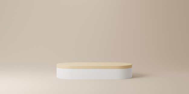 Abstract minimal scene with wooden podium in studio lighting beige background Product presentation showcase Mock up stage Cosmetic product display Podium stage pedestal 3d rendering