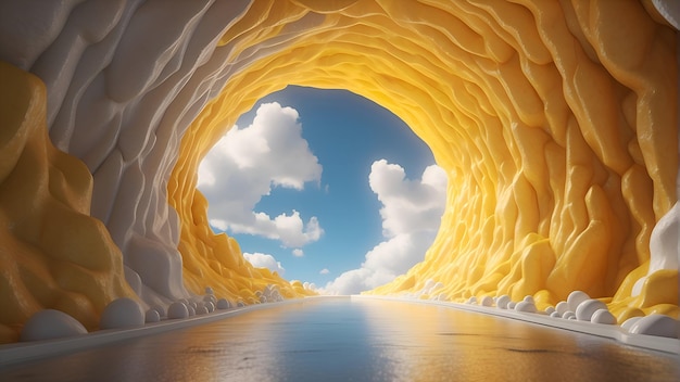 abstract minimal yellow background with white clouds flying out the tunnel