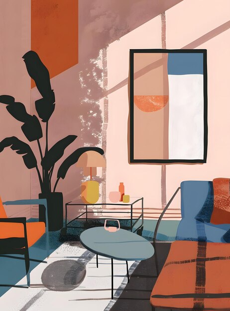 Photo abstract minimalist living room illustration with orange blue and brown colors