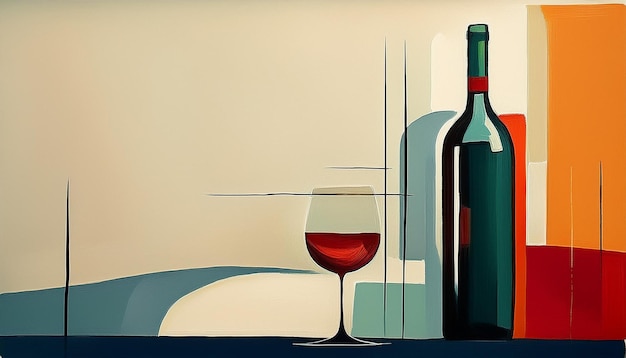 Photo abstract minimalist oil painting of wine bottle and glass alcohol drink hand drawn art