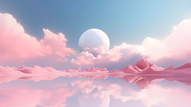 Abstract minimalistic fantasy landscape with mountains sea and clouds AI Generation