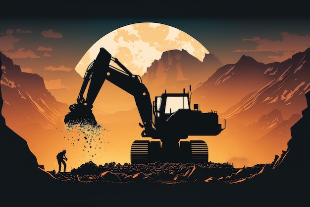 Abstract mining operation in progress with silhouettes of heavy equipment against a sunset sky