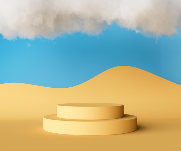 Abstract mockup podium for product presentation, blue and yellow background with clouds, 3d render