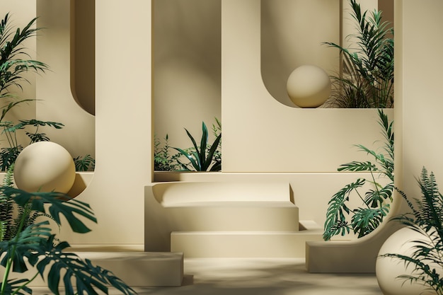 Abstract mockup scene beige arch wall platform and tropical plants