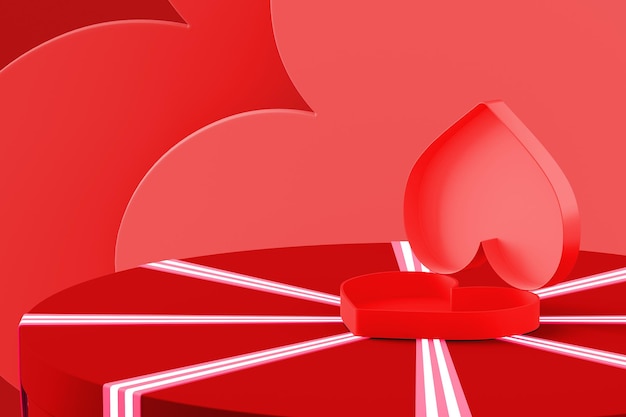 Abstract mockup valentines scene. the red heart box on the red gift box. 3d rendering