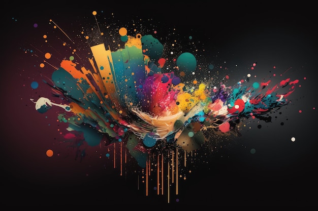 Abstract modern art collage with colorful splashes and paint drops on dark background created with g