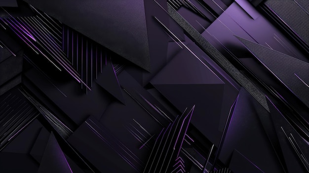 Abstract modern background in black and deep purple hues The design features geometric shapes with a 3D effect including lines triangles and angled forms A color gradient transitions between