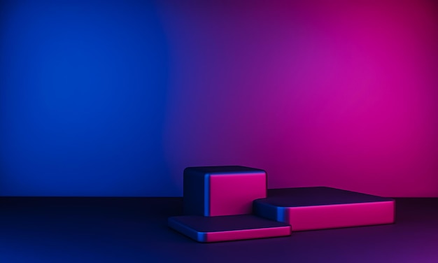 Abstract modern background for design in pink and blue bright neon colors with podium