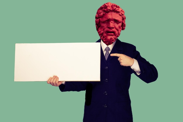 Abstract modern collage The man with the plaster head of David points finger blank signboard