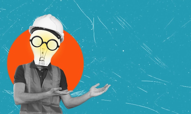 Abstract modern collage Worker in protective helmet and vest A light bulb instead of a head