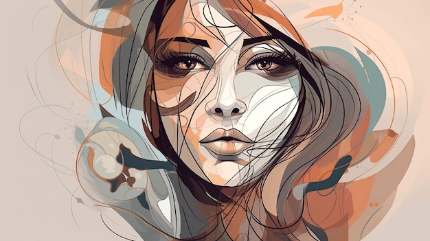 Abstract modern face portrait Hand drawn style of beautiful young girl with Generative AI Technology