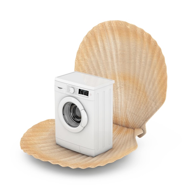 Abstract Modern Fashion Elegant Washing Machine in Beauty Scallop Sea or Ocean Shell Seashell on a white background 3d Rendering