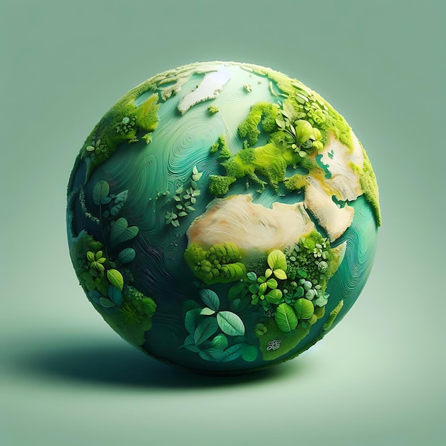 An abstract modern illustration of a colorful green planet covered with moss