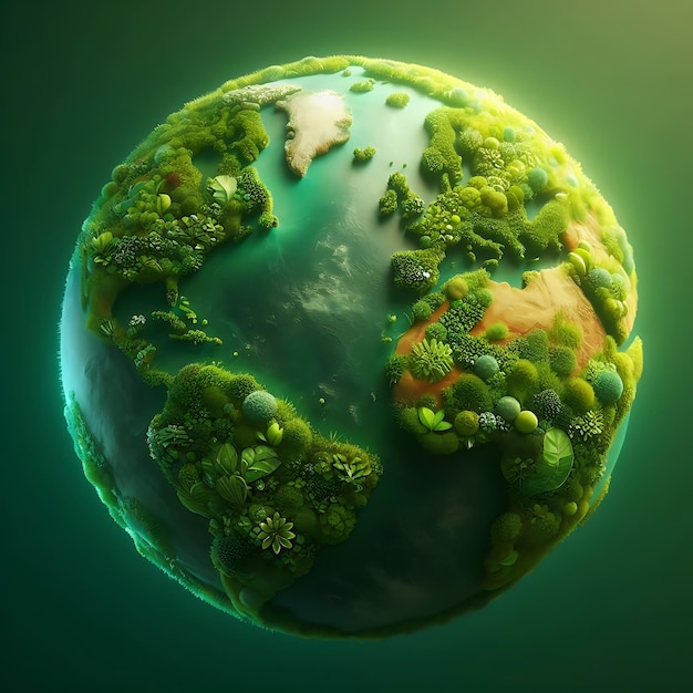 An abstract modern illustration of a colorful green planet covered with moss