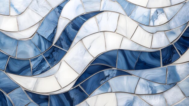 Abstract Mosaic Pattern with Blue and White Tiles in Wavy Formation