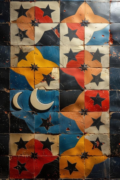 Abstract Mosaic Wall Art with Crescent Moons and Stars