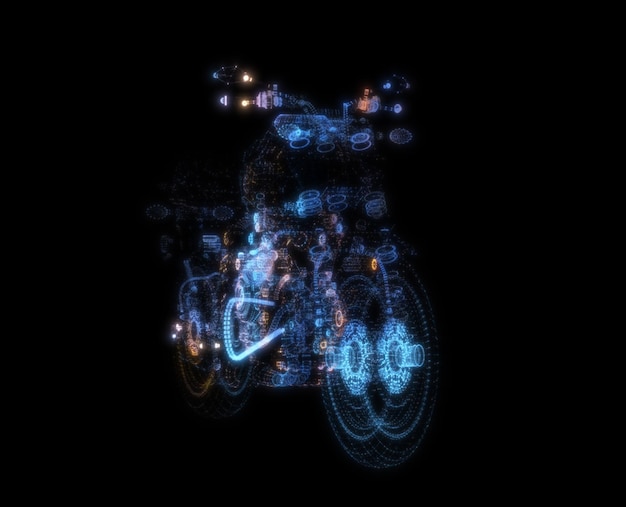 Abstract motorcycle consisting of glow points and lines 3d illustration Sport transportation and techology concept