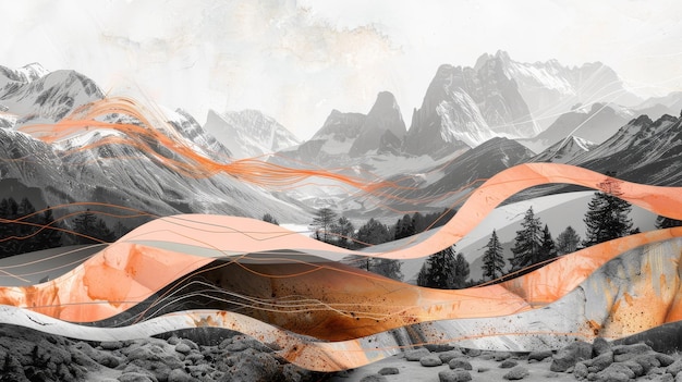 Abstract Mountain Landscape with Orange Accents A stunning abstract landscape featuring mountains