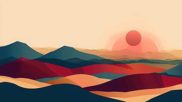 Abstract Mountain Landscape with Sun and Modern Design in Contemporary Nature Art