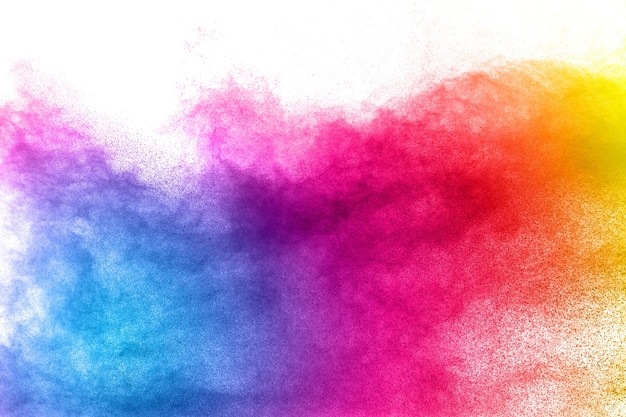 Abstract multicolored dust splatter on white background.