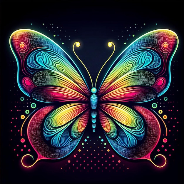 Abstract multicolored neon butterfly pop art style on a black background