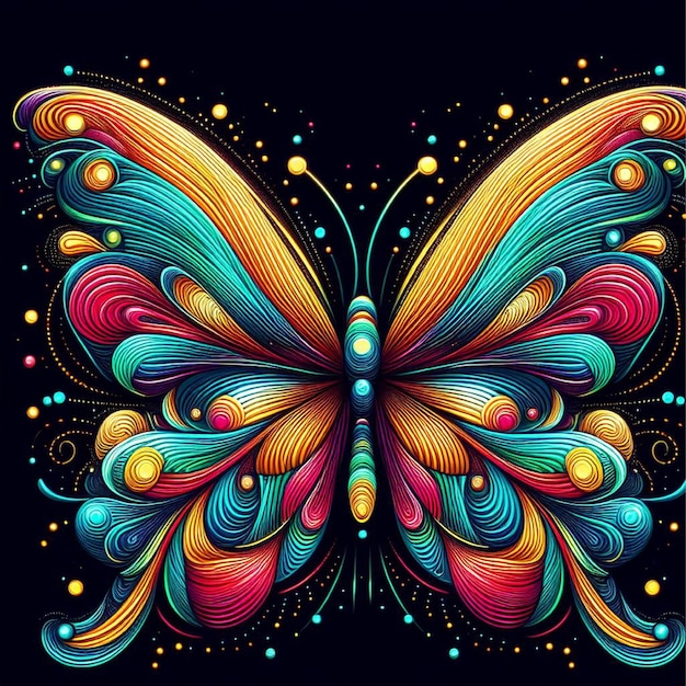 Abstract multicolored neon butterfly pop art style on a black background