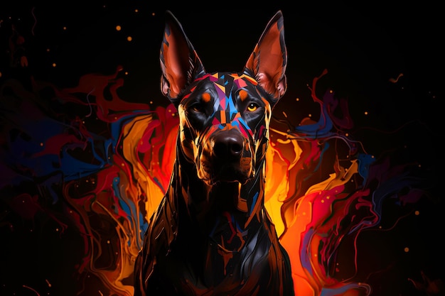 Photo abstract multicolored neon portrait of a doberman looking forward in the style of pop art