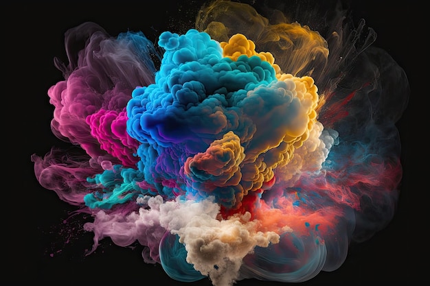 Abstract multicolored smoke cloud explosion on black background