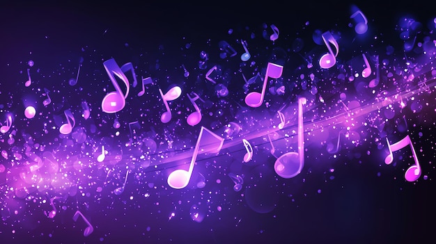 Abstract music background with purple notes and a glowing wave