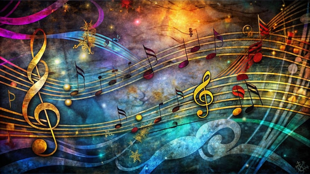 Abstract musical background with swirling notes and a textured background