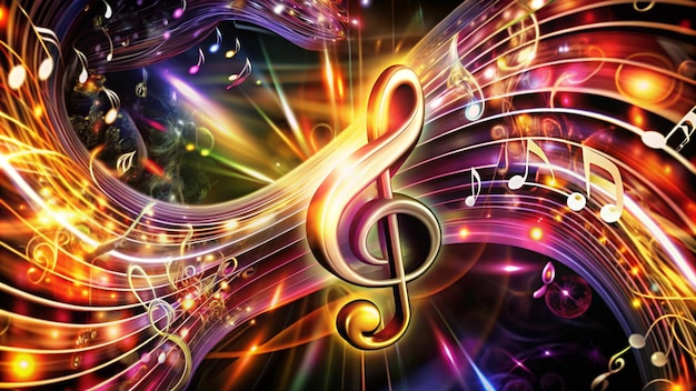 Abstract musical background with a treble clef and musical notes in a colorful light pattern